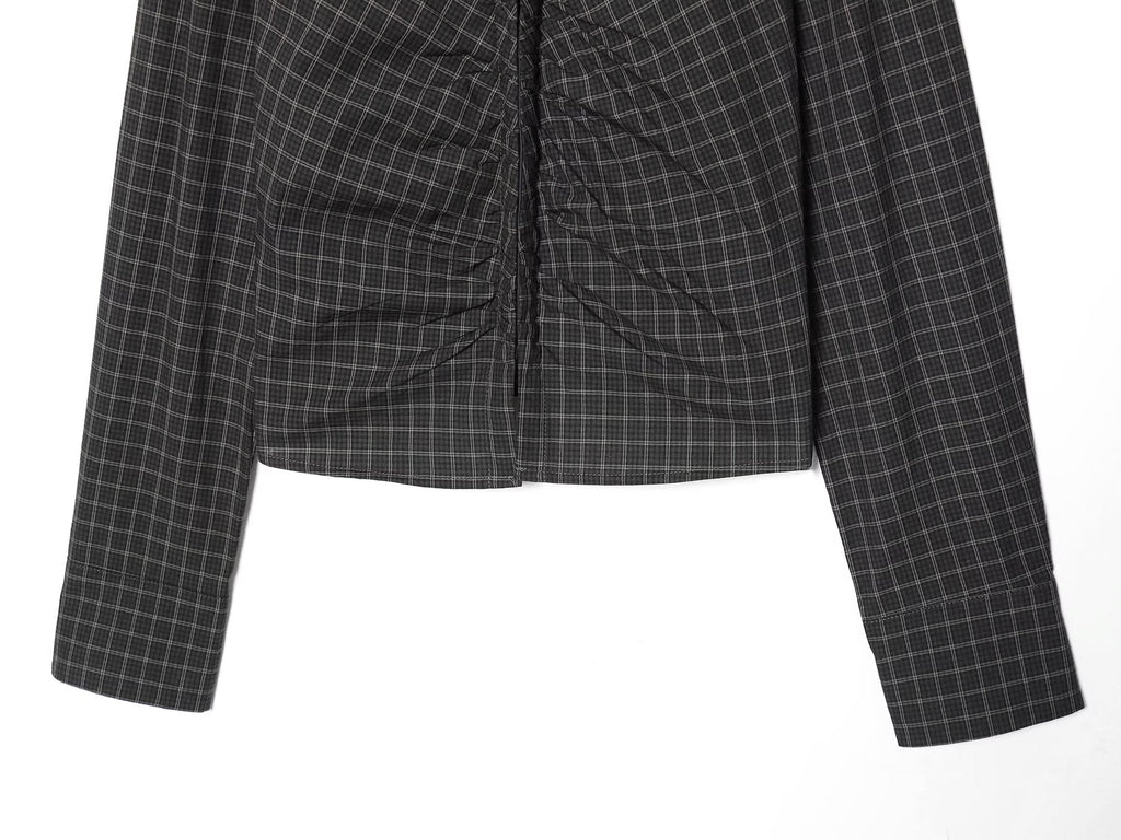 Women's pleated decorative slim plaid top