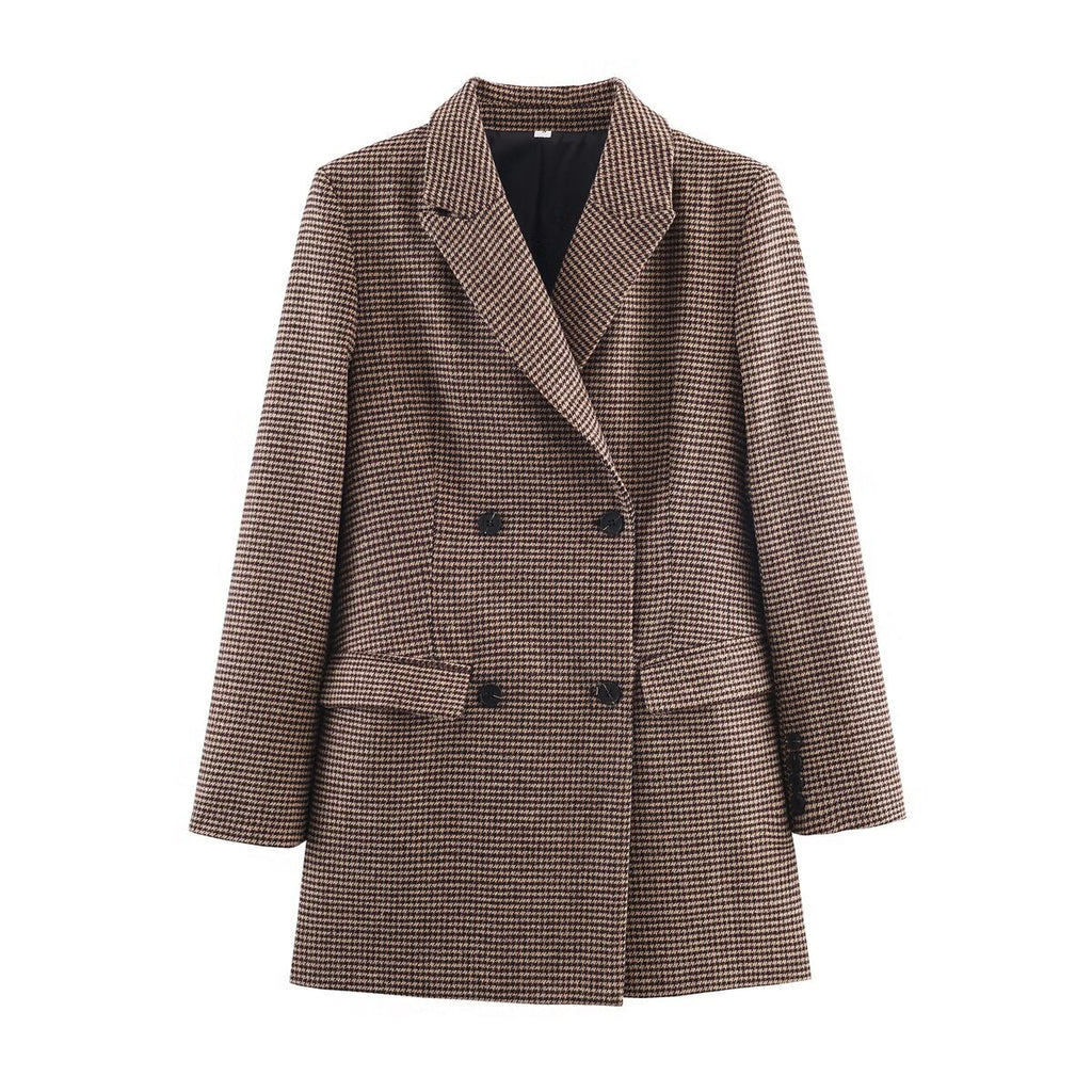Women's mid length style double breasted Plaid Blazer Coat