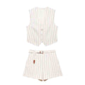 Women's new fashion striped single breasted V-neck vest+shorts