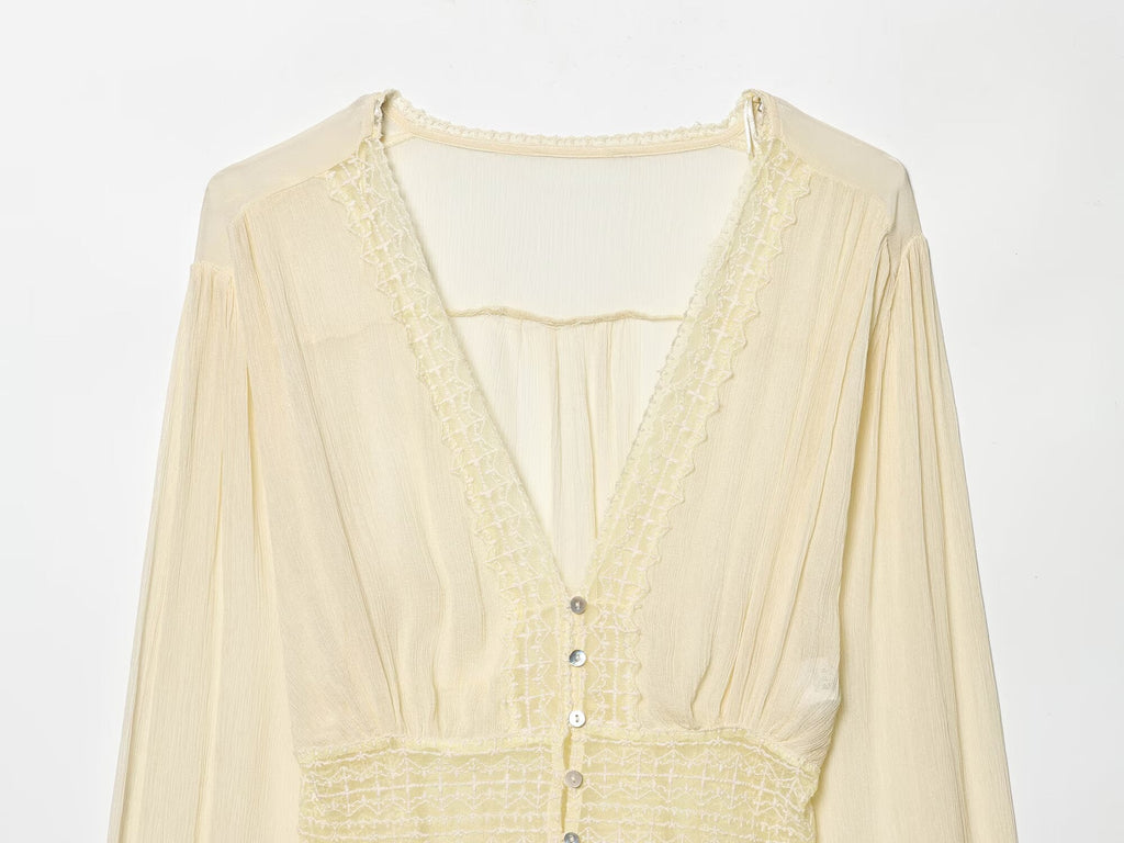 Women's slim V-neck lace chiffon shirt