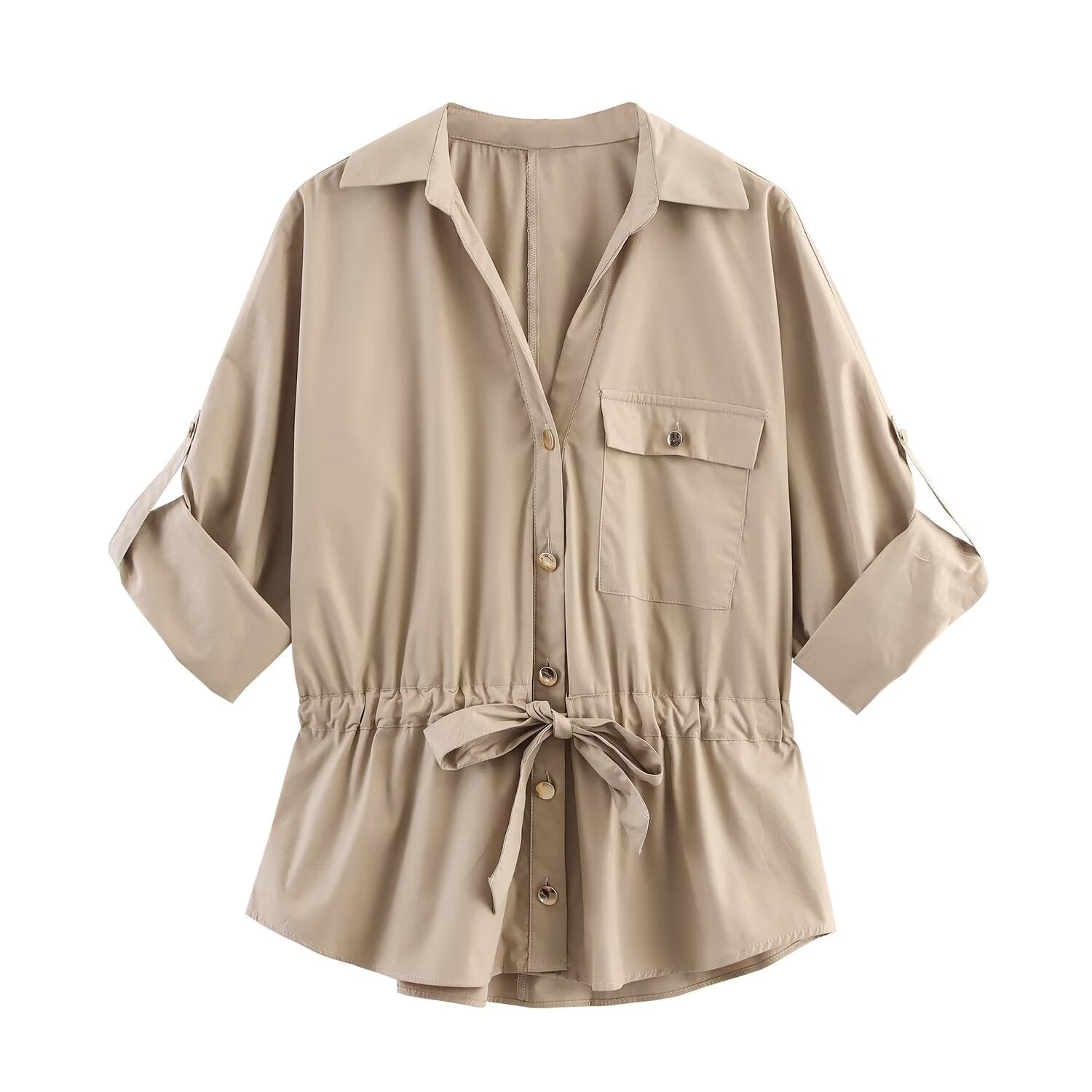 Women's New Fashion With Belt Casual Single breasted Poplin Shirt