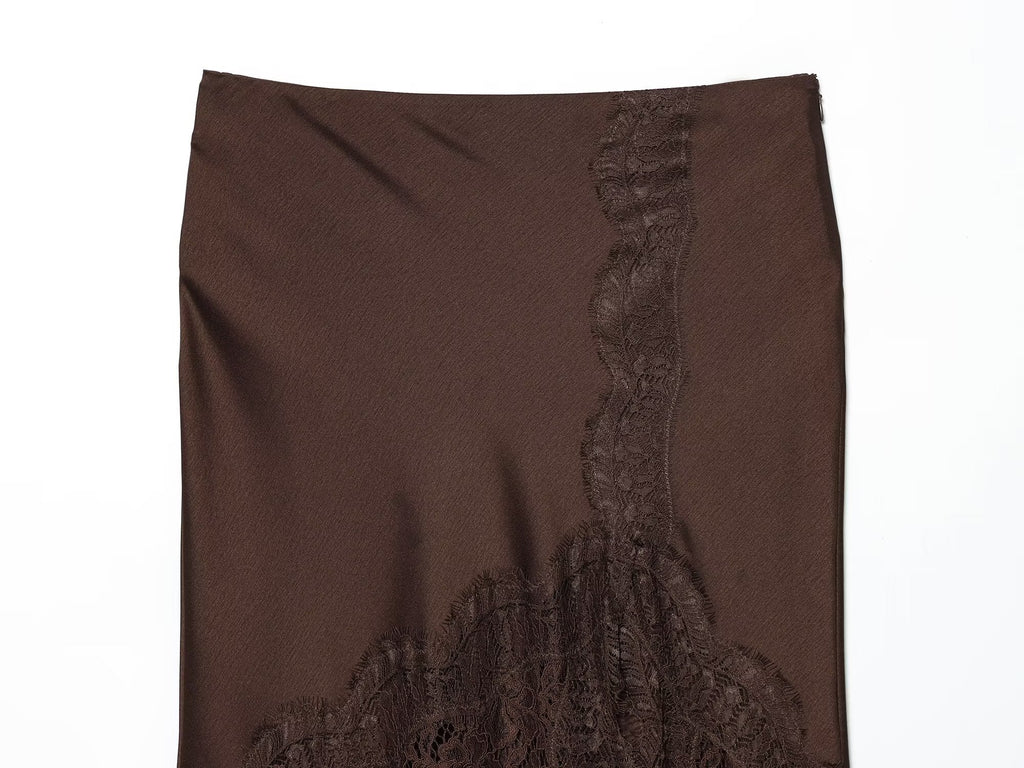Women's lace hem satin texture MIDI skirt