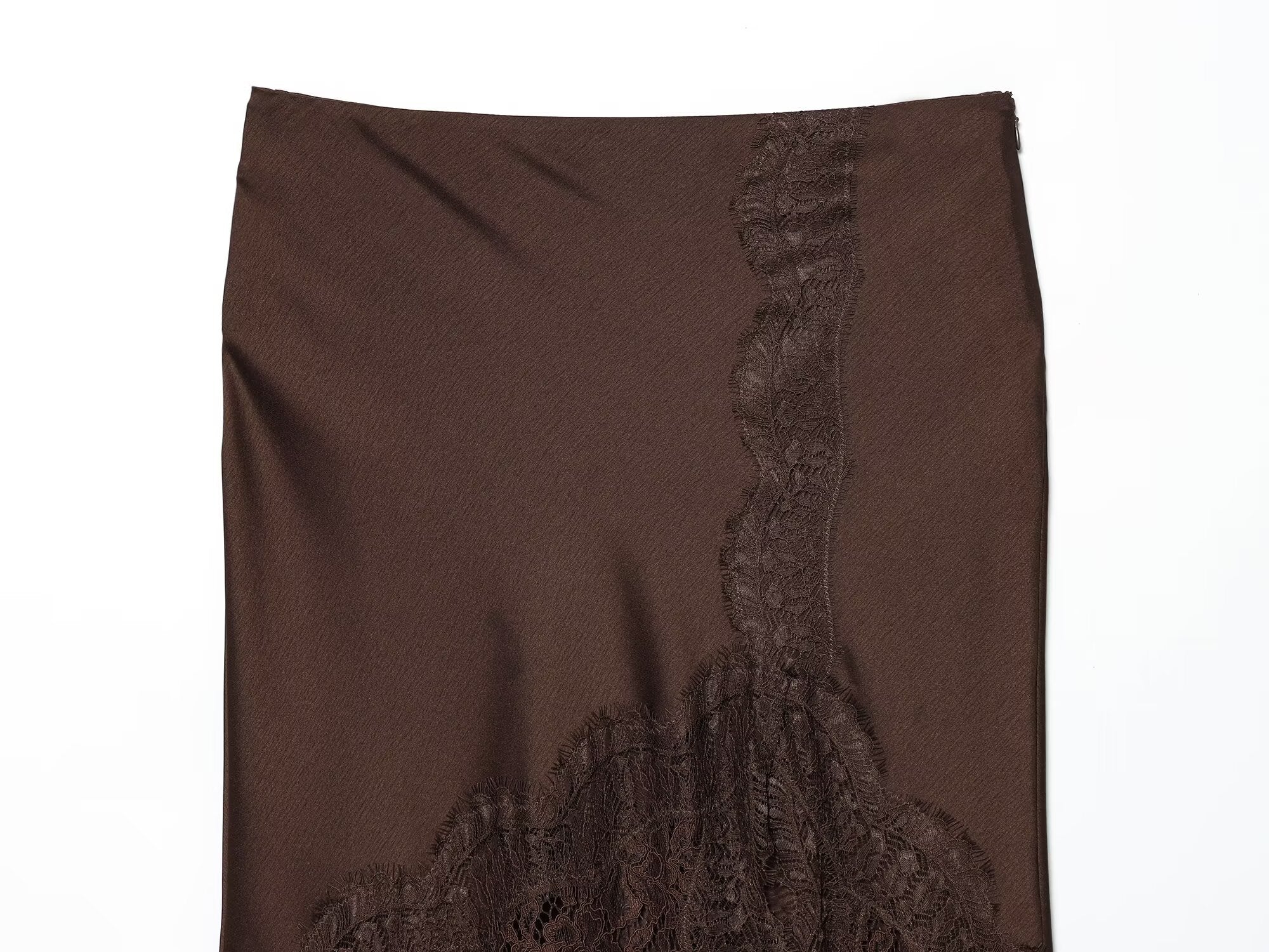 Women's lace hem satin texture MIDI skirt