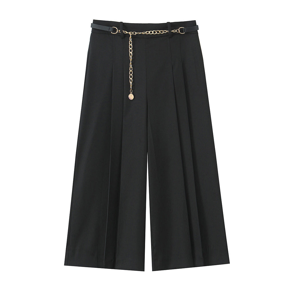 Women's new fashion chain waistband decoration loose versatile pleated shorts retro high waist side zipper women's shorts Mujer