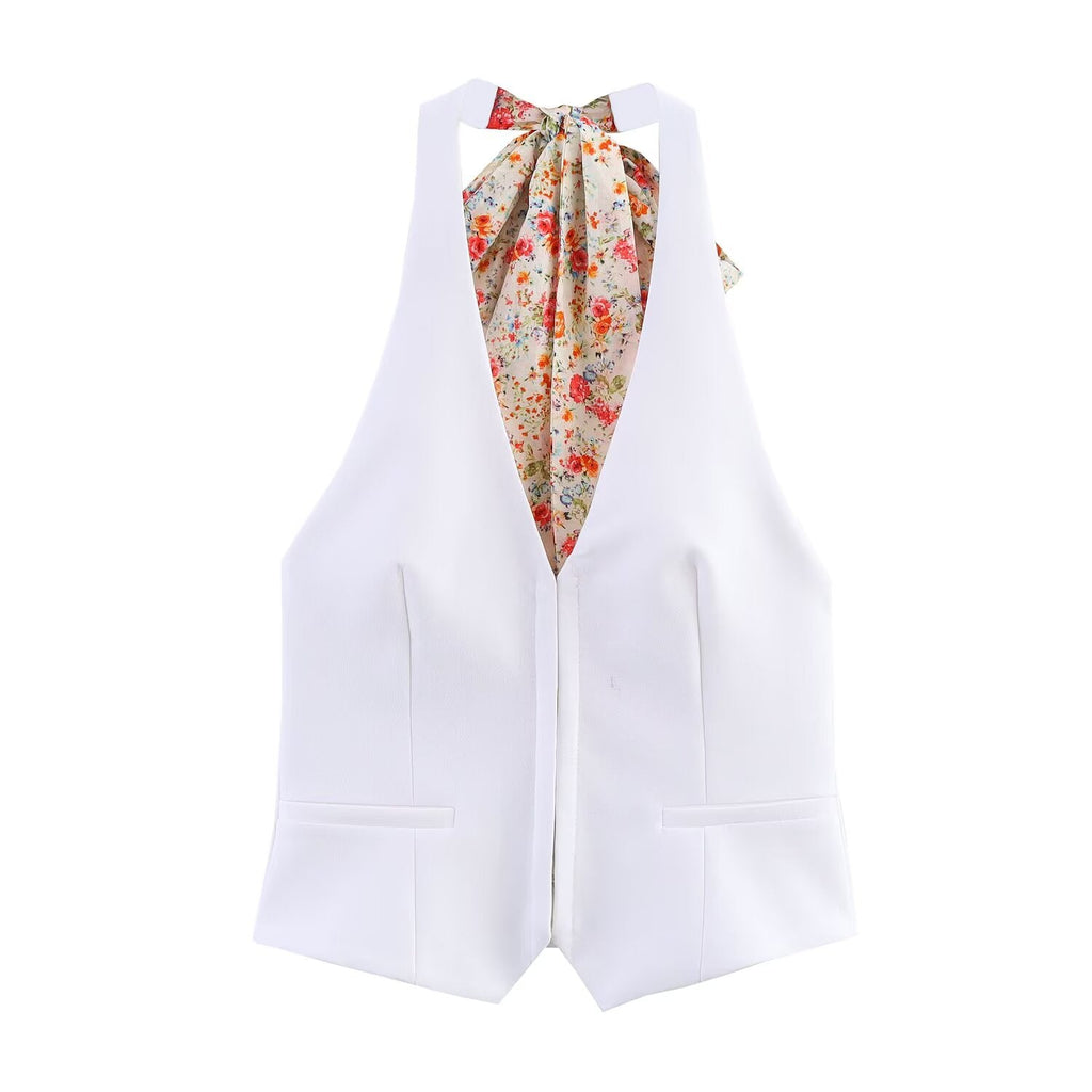 Women's new fashion printed halter neck vest retro sleeveless backless women's vest+Shorts Women's suit