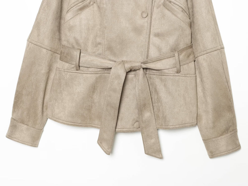 Women's with belt suede short slim jacket Coat
