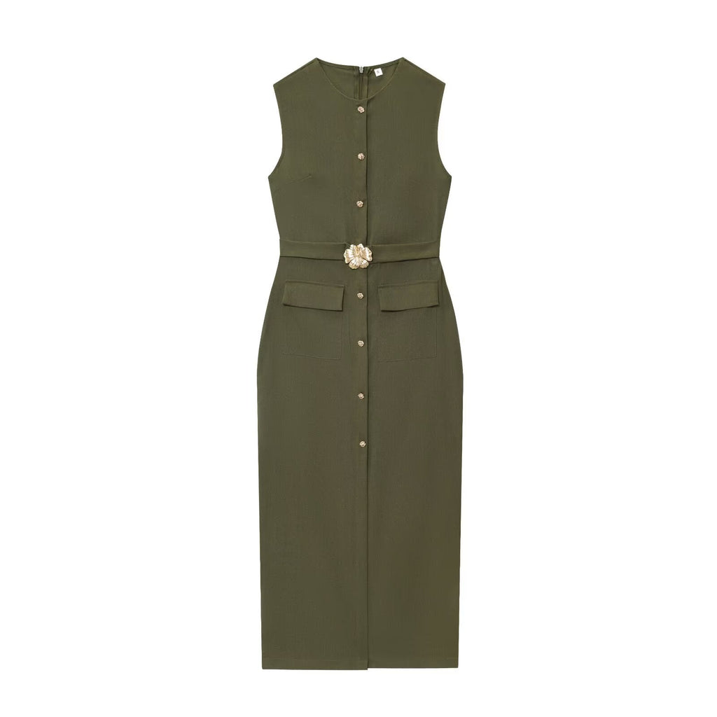 Women's New Fashion With Belt Linen Blended Sleeveless Midi Dress