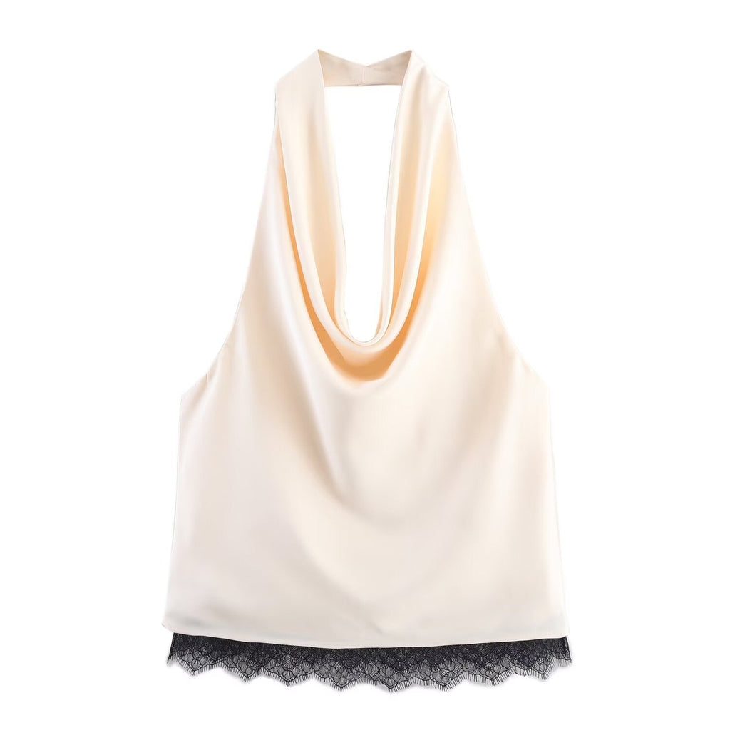Women's new fashion lace decoration satin hanging neck top+Skirts suit