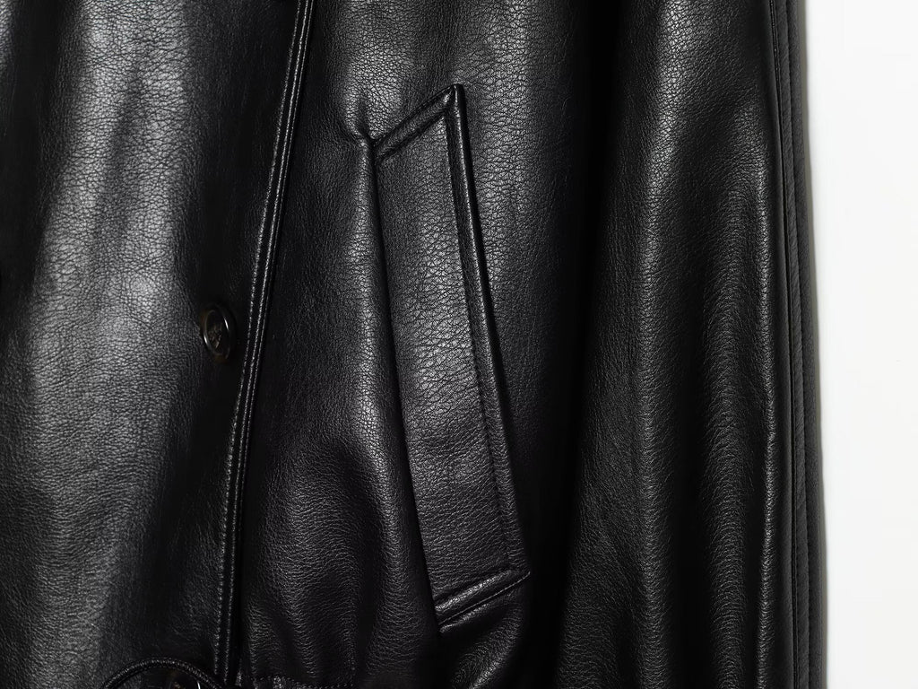Women's black double breasted Imitation leather jacket