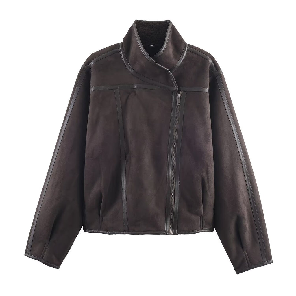 Women's stand collar Fur Faux Leather double-sided jacket Coat