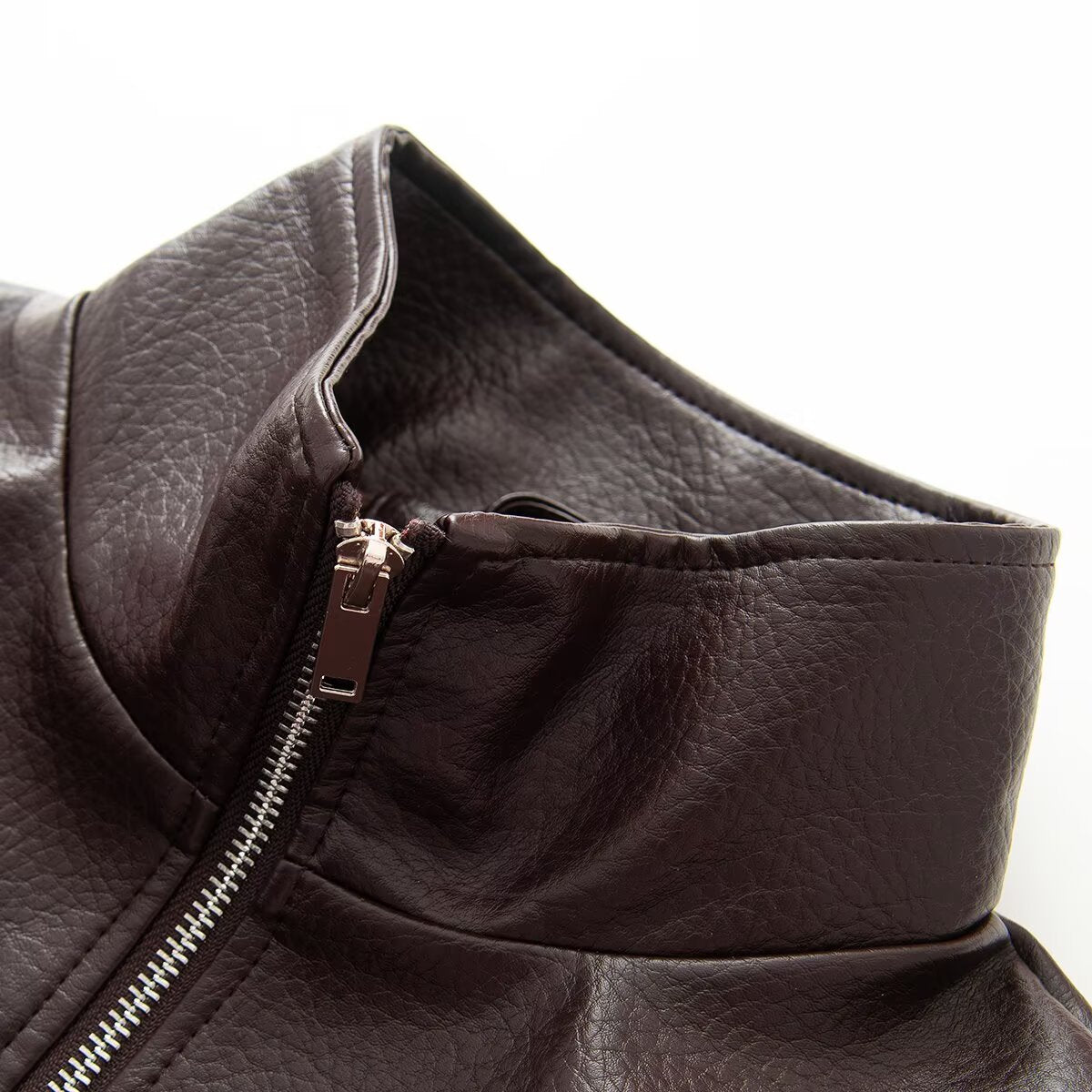 Women's stand collar fake two-piece Faux Leather jacket