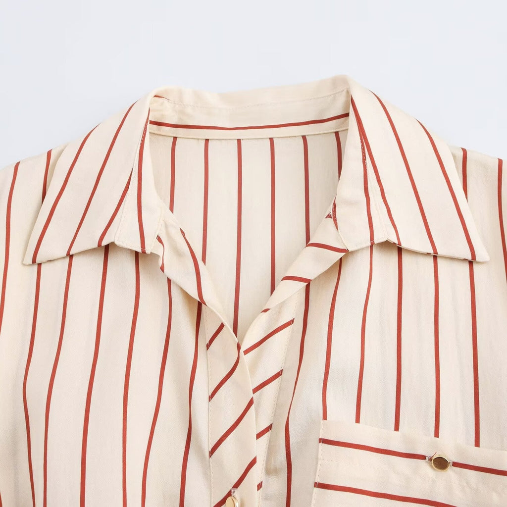 Women's new chic Fashion With Belt loose single breasted striped shirt style MIDI dress retro short sleeved pocket women's dress Mujer