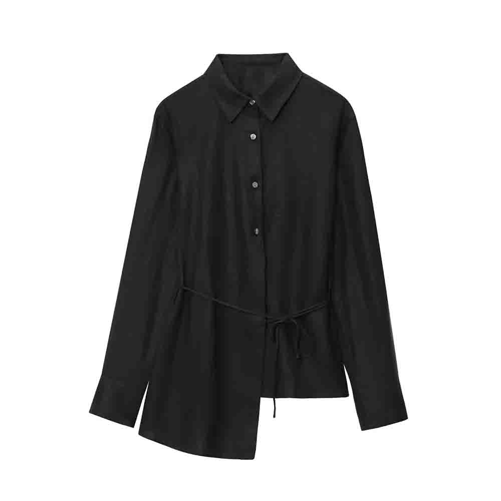 Women's new fashion With Belt asymmetric hem loose linen blend shirt