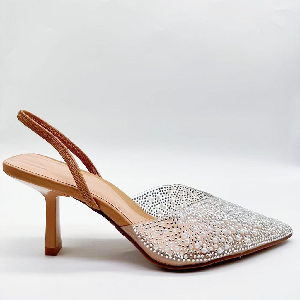 Women's New Fashion Joker Brown Artificial Pearl with High Heels and Pointed Shoes Sandals.