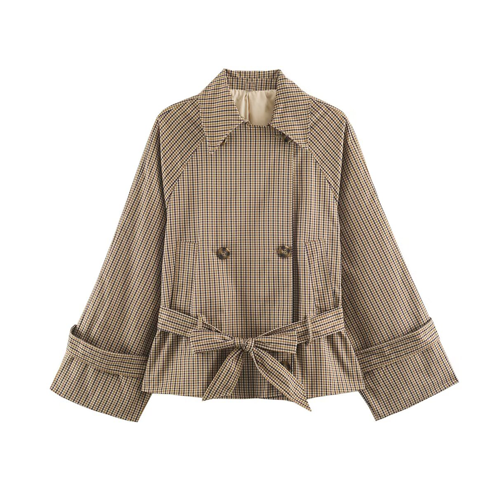 Women's with belt double breasted Plaid trench Coat