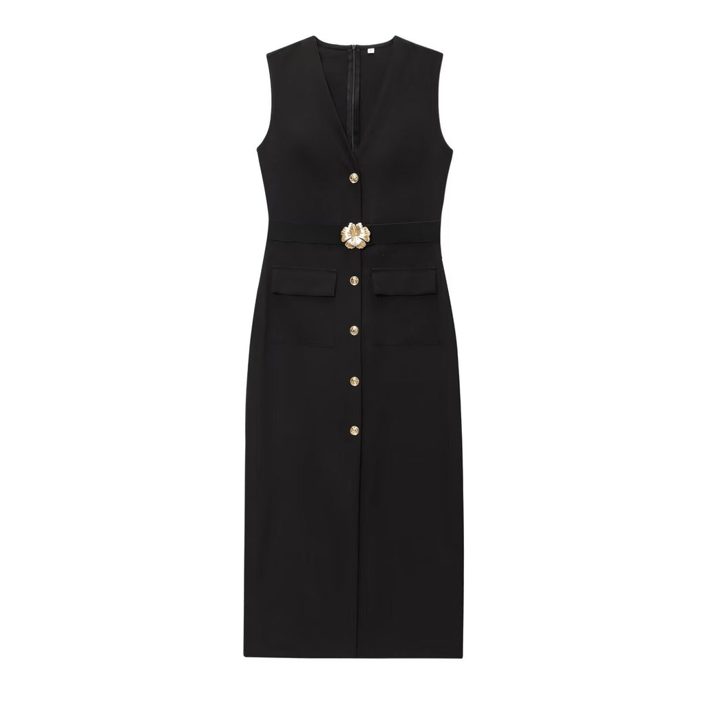 Women's New Fashion With Belt Sleeveless V-neck Midi Dress
