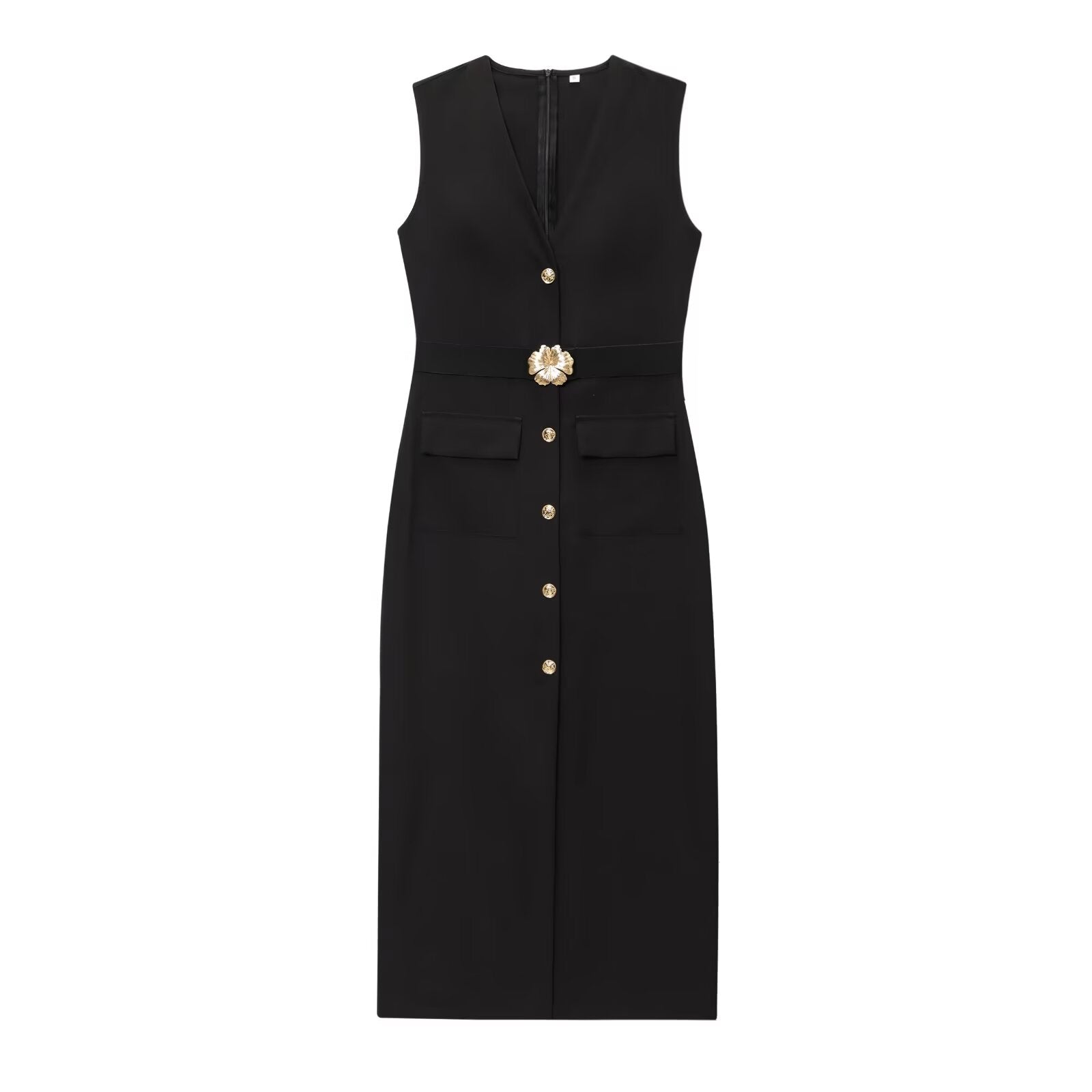 Women's New Fashion With Belt Sleeveless V-neck Midi Dress