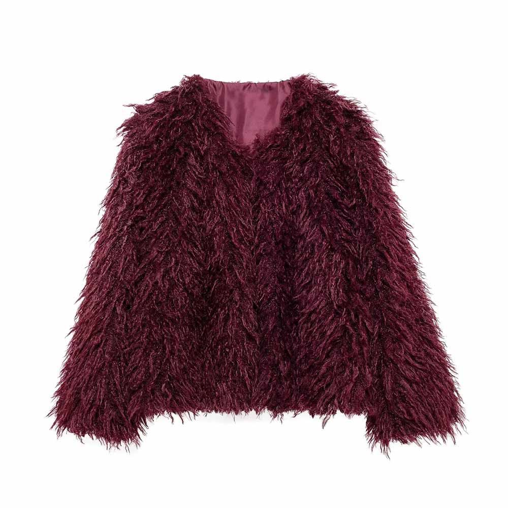 Women's winter Fashion loose faux fur effect warm V Neck Blended Coat retro long sleeved button up women's Coat Chic top
