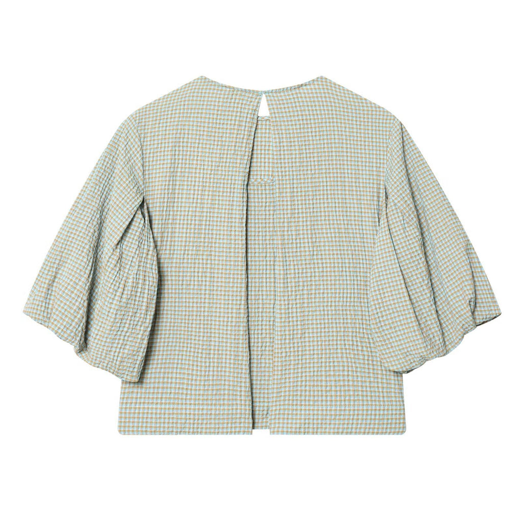 Women's O Neck balloon sleeve checkered top