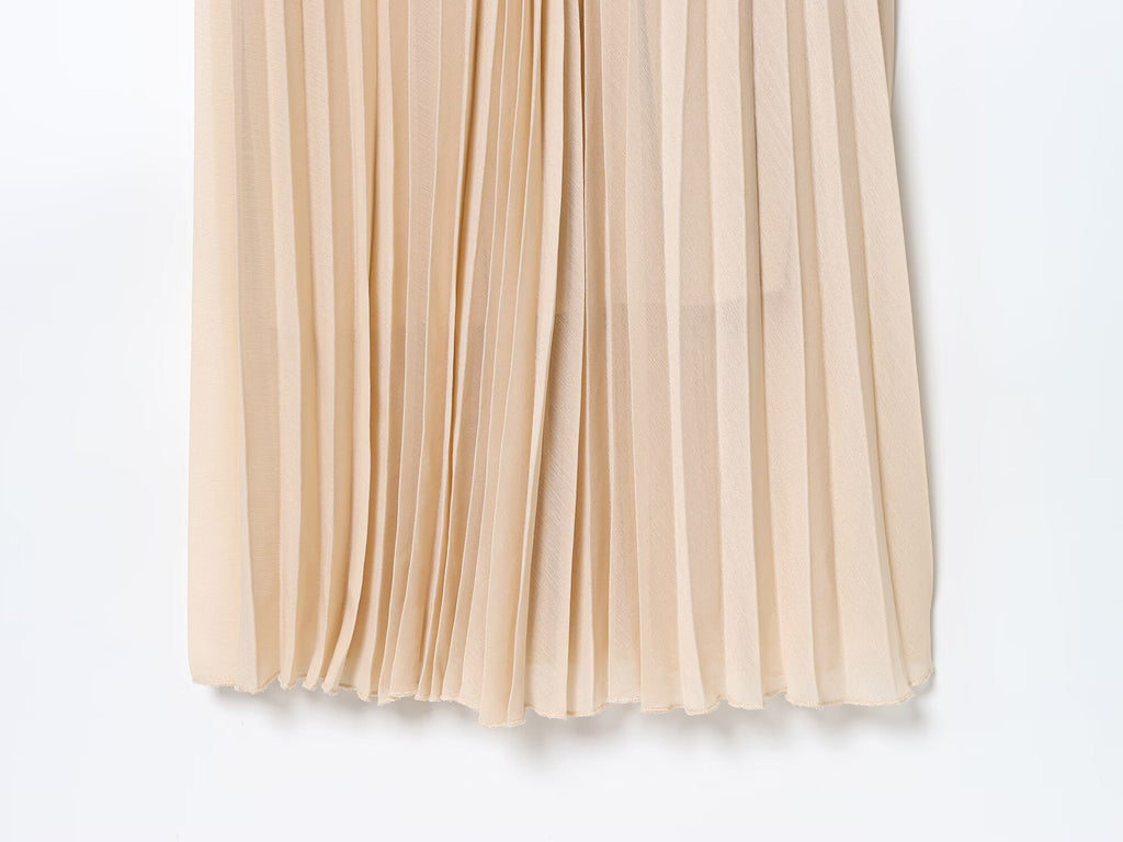 Women's New Fashion With Belt Long Sleeve Pleated Midi Dress