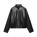 Women's new fashion black high neck faux leather flight jacket Coat
