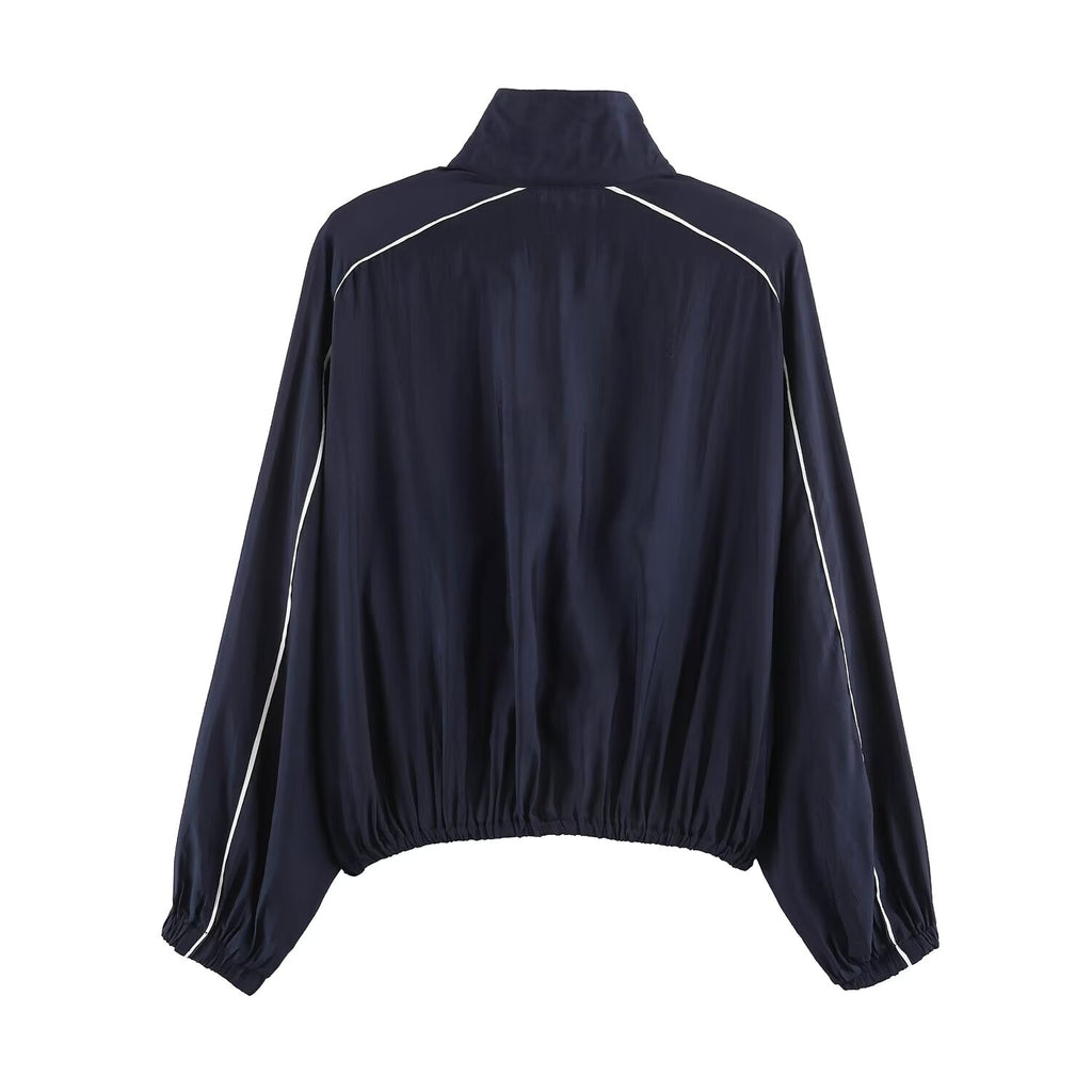 Women's stand collar contrasting striped loose Coat