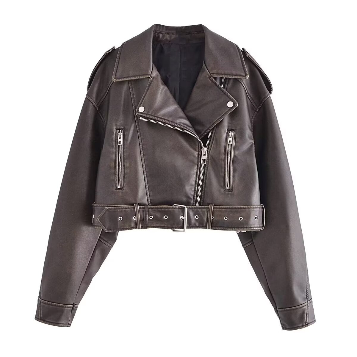 Women's with Belt short Faux Leather jacket Coat