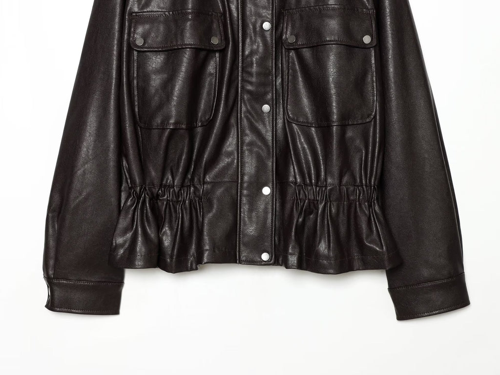 Women's skirt style hem imitation leather jacket Coat