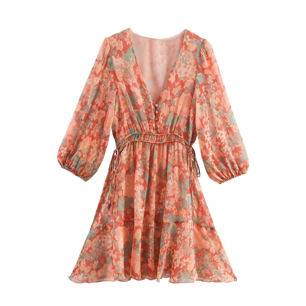Women's Summer Fashion Printed V-neck Lantern Sleeve Mini Dress
