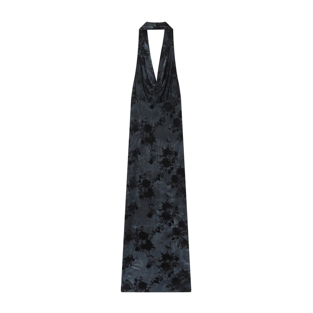 Women's New Flocking Printed Hanging Neck Midi Dress