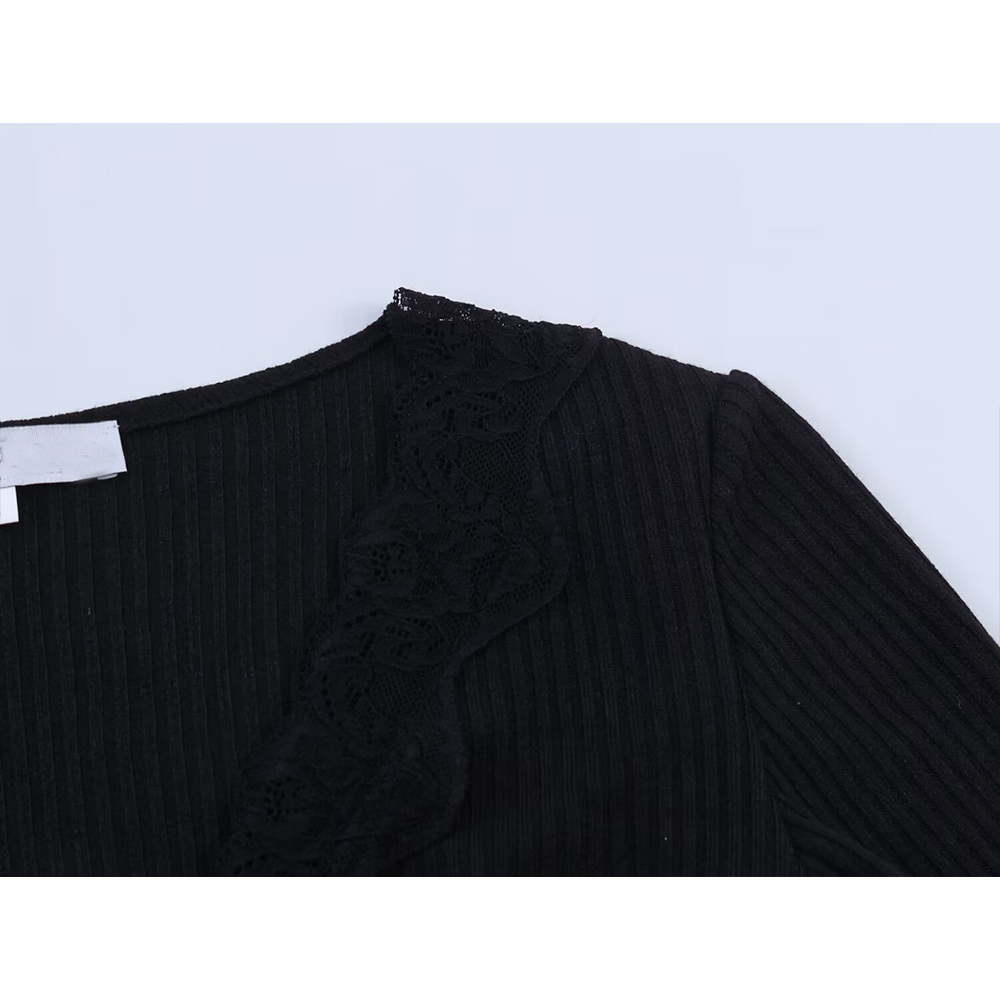 Women's slim V-neck ribbed patchwork top