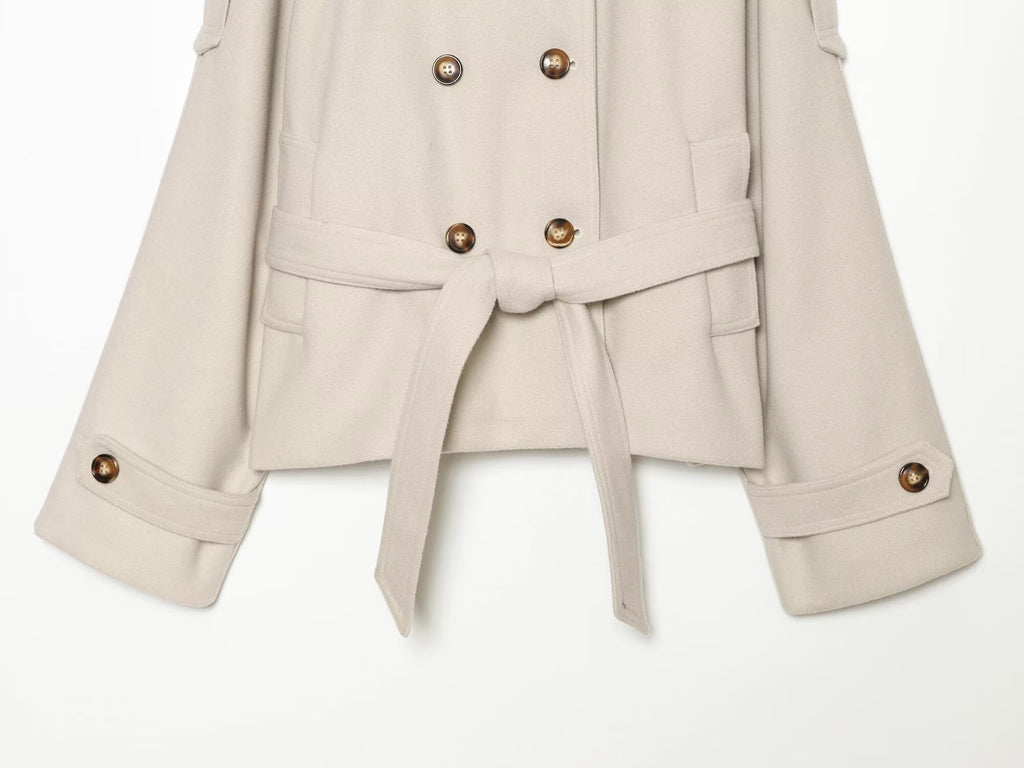Women's with belt standing collar woolen coat