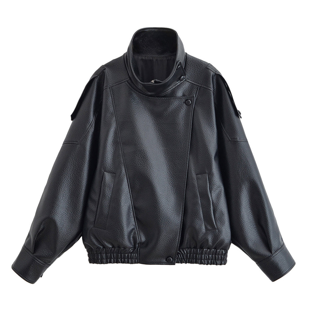 Women's 2025 fashion black stand collar patterned leather jacket Coat