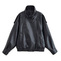 Women's 2025 fashion black stand collar patterned leather jacket Coat