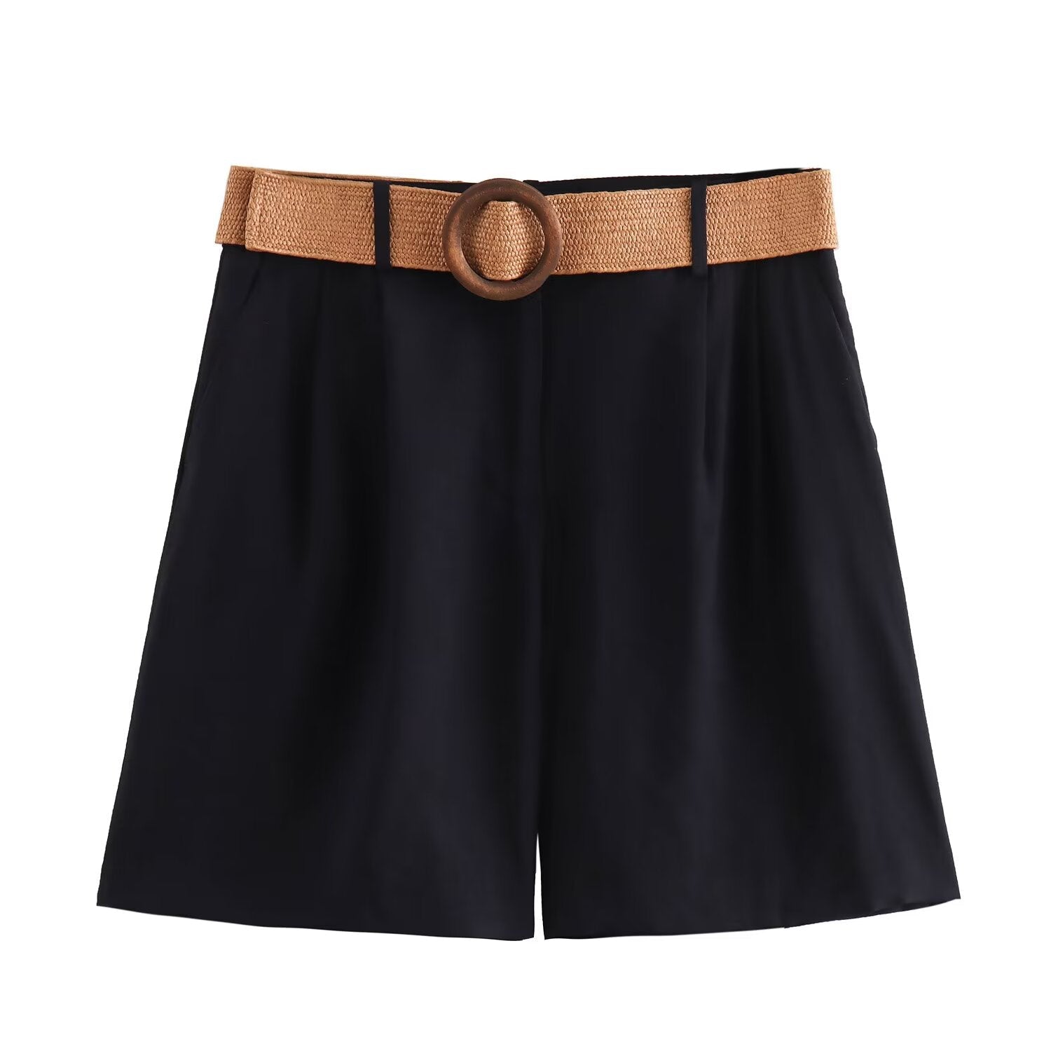 Women's' new fashion with Belt loose side pocket casual pleated shorts