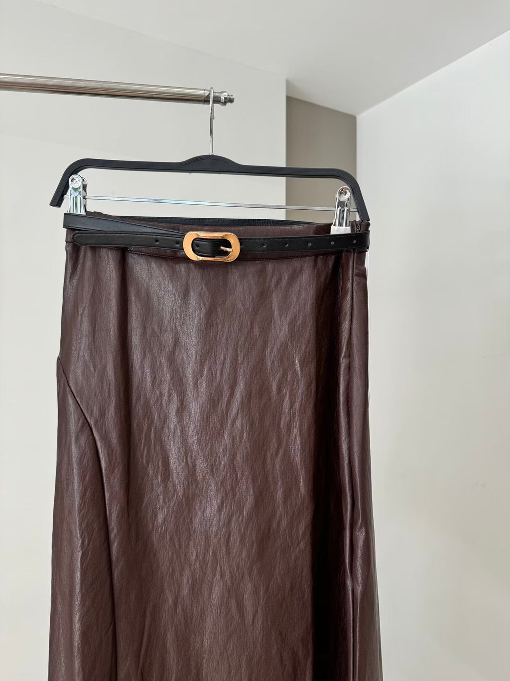 Women's New Fashion With Belt Casual Leather Effect Midi Skirt