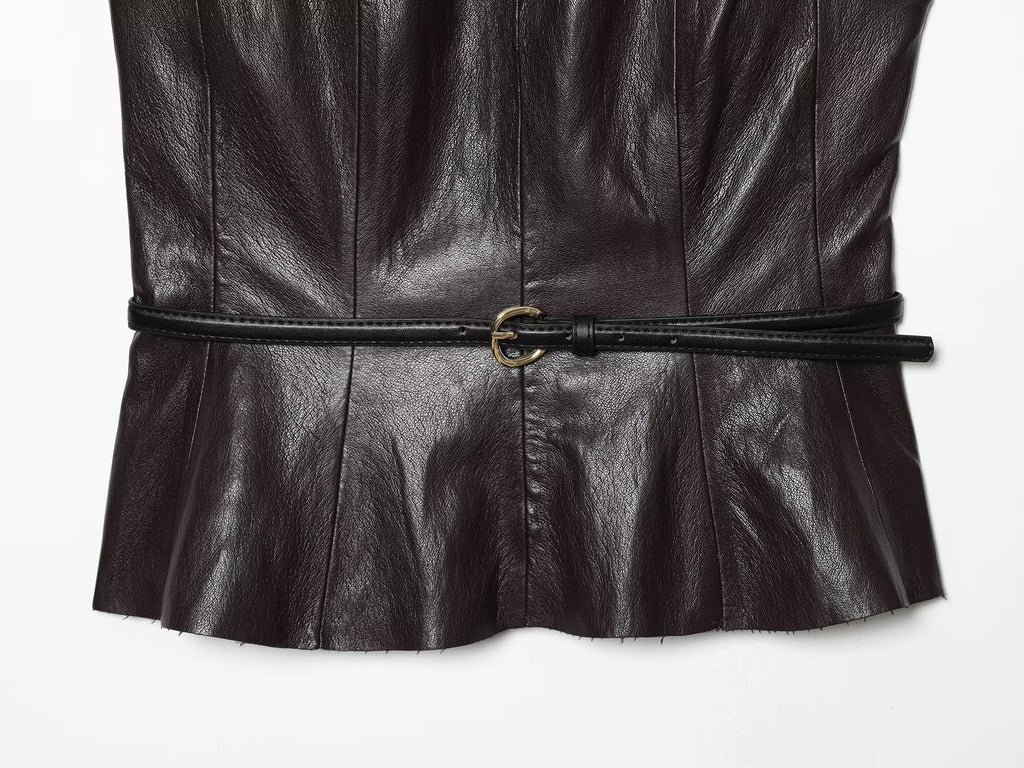 suit Women's 2 pieces with Belt faux leather effect sleeveless top+Skirts