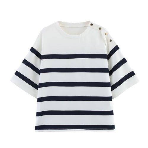 set woman 2 pieces2025 Fashion Striped short-sleeved Tops Vintage Female + high waist shorts Women's suit