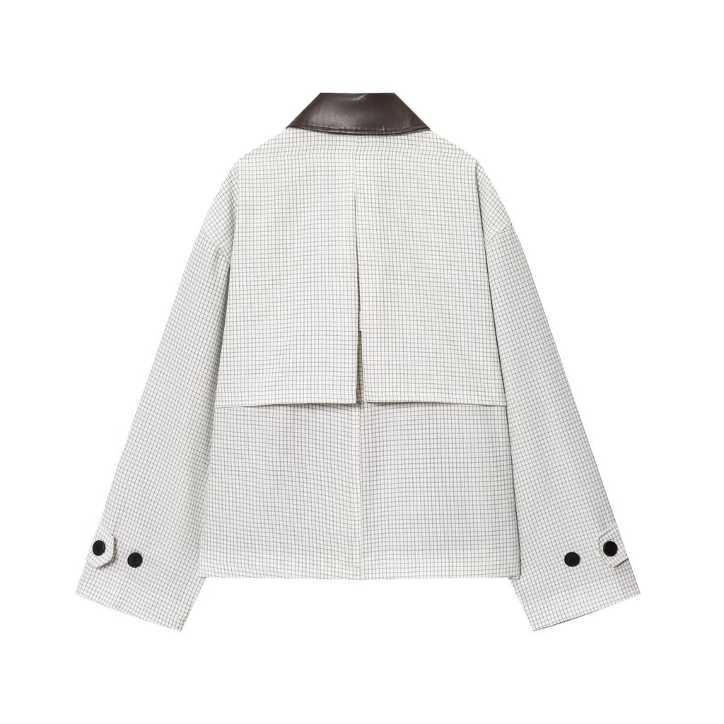 Women's new fashion leather collar design short plaid Windbreaker coat