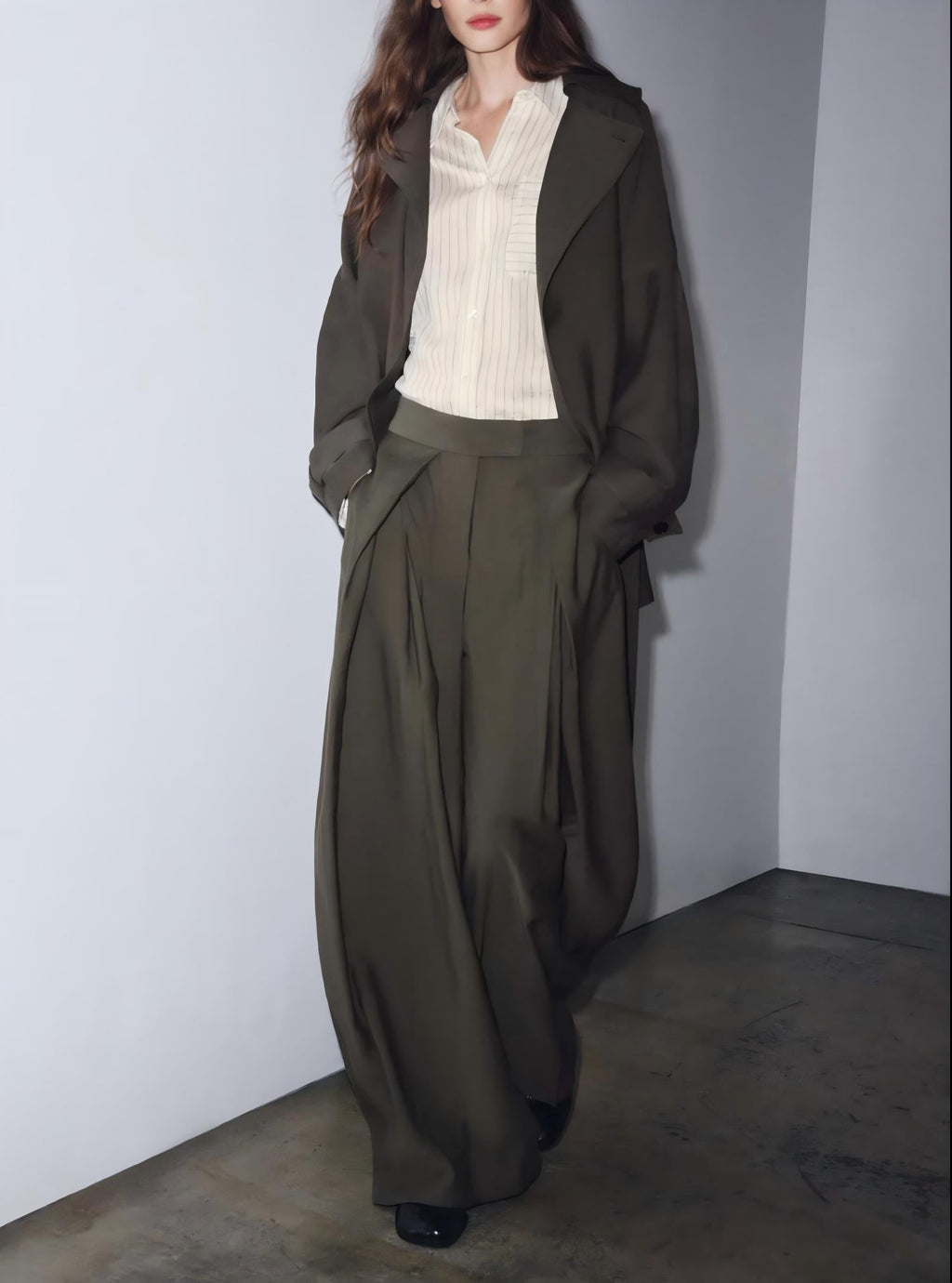Women's New Fashion With Belt Loose Button-up Lapel Coat+Pants Suit