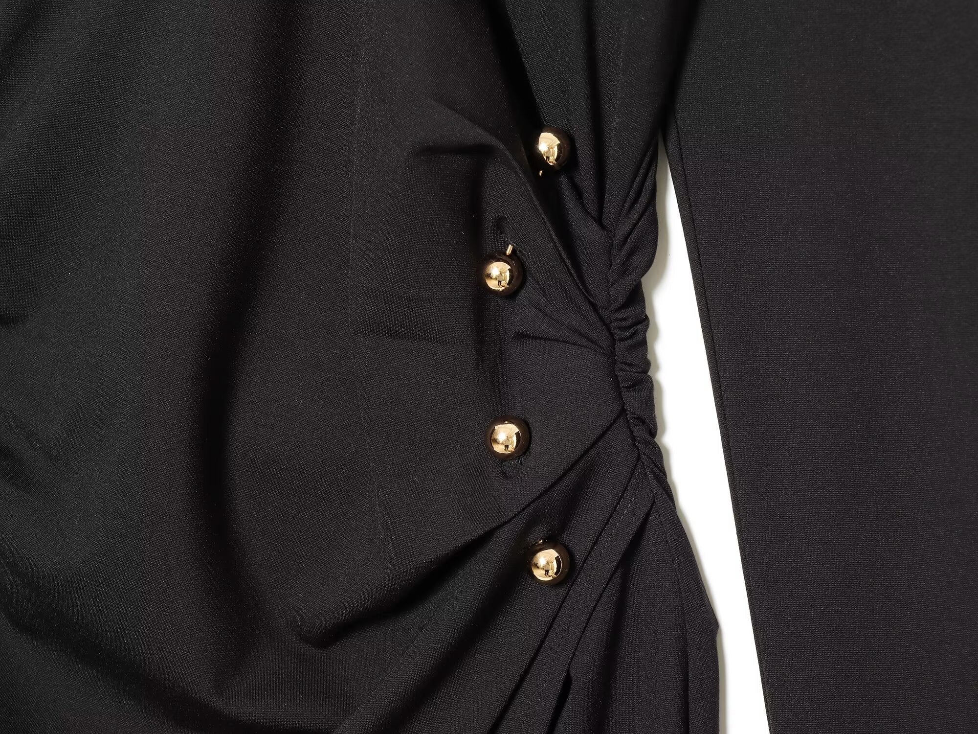 Women's metal buckle decoration V-neck pleated dress