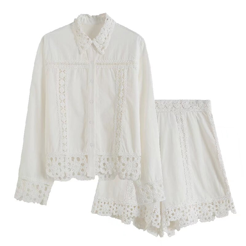 Women's new fashion casual single breasted long sleeved lace patchwork shirt+Shorts Women's suit