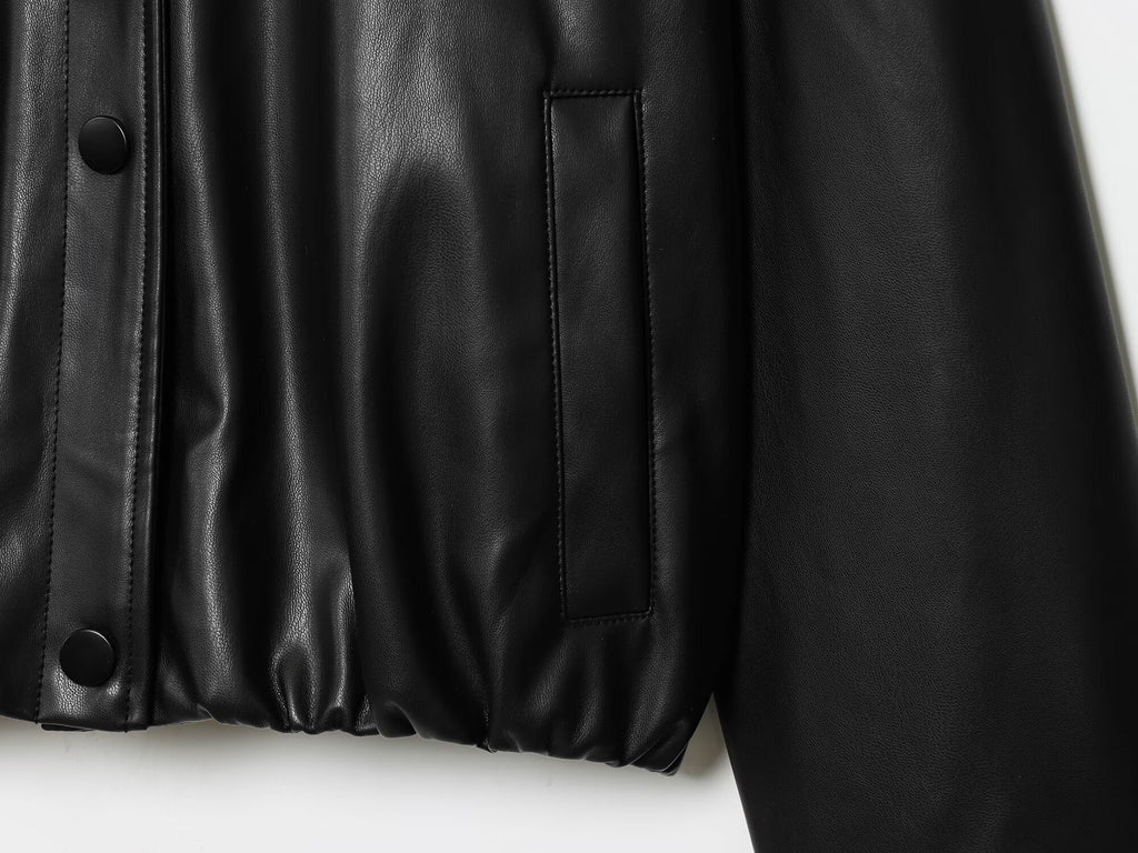 Women's new fashion black high neck faux leather flight jacket Coat