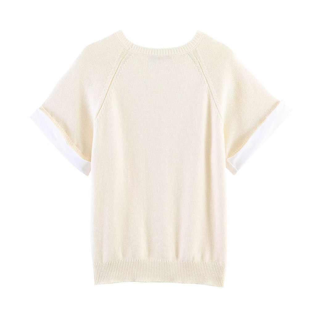 Women's rolled up sleeve patchwork knit sweater