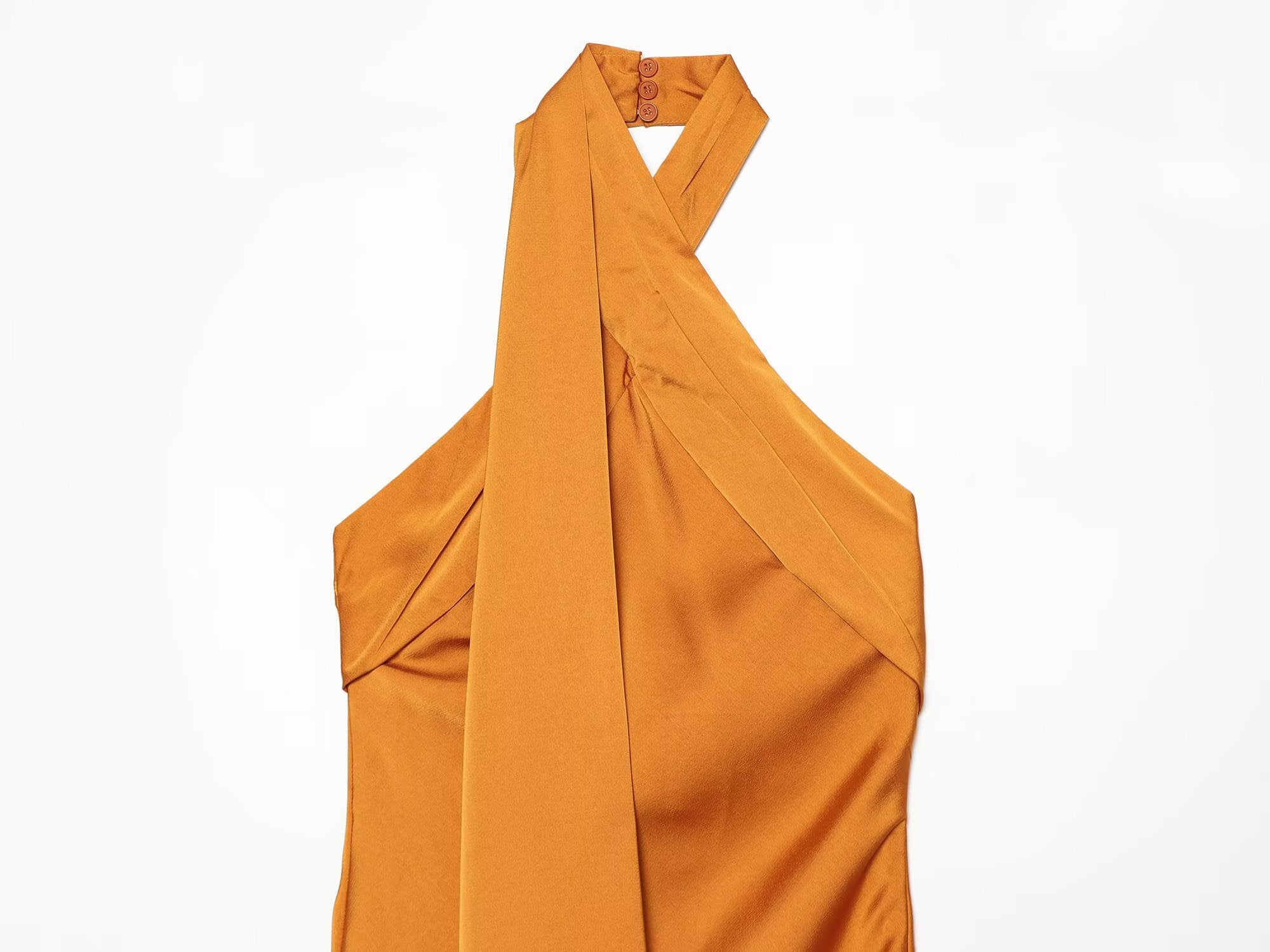 Women's satin texture hanging neck MIDI dress