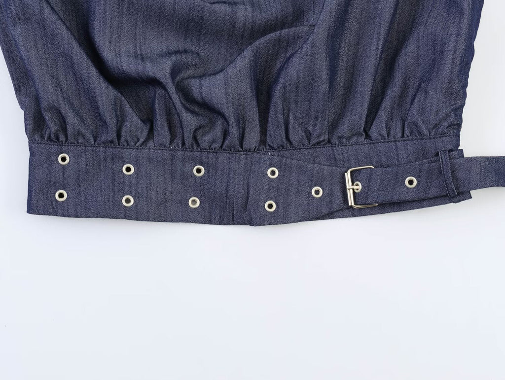 suit Women's 2 pieces rivet buckle decorative sleeveless top+wide leg pants