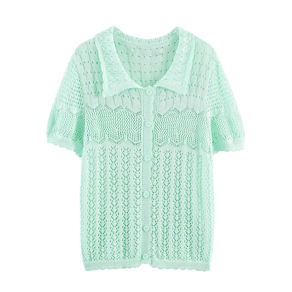 Women's short sleeved hollow knitted cardigan