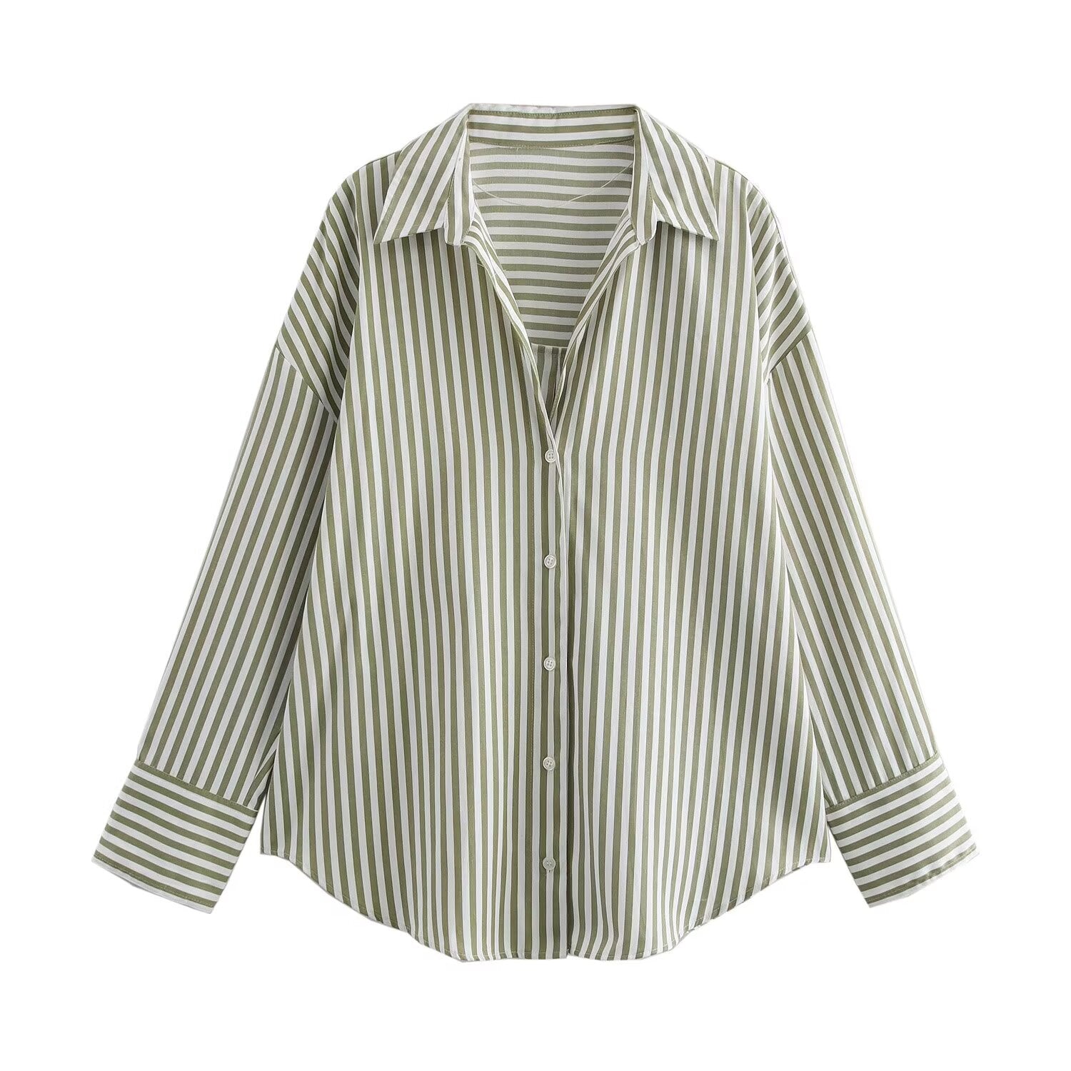 Women's new fashion loose basic style multi-color versatile poplin shirt casual striped shirt retro long sleeved button up women's shirt chic top