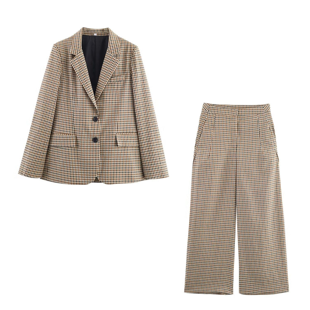 Women's new fashion loose single breasted checkered suit jacket+Pants suit