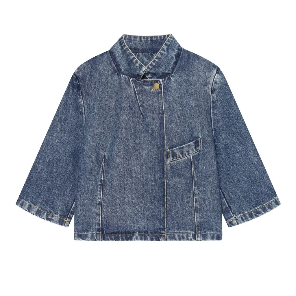 Women's short sleeved stand collar denim Blazer Coat